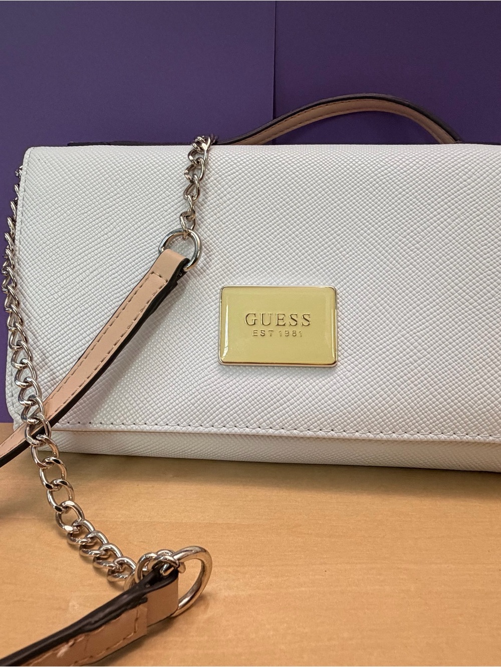 GUESS White Crossbody with Gold Logo Plaque and Chain Strap